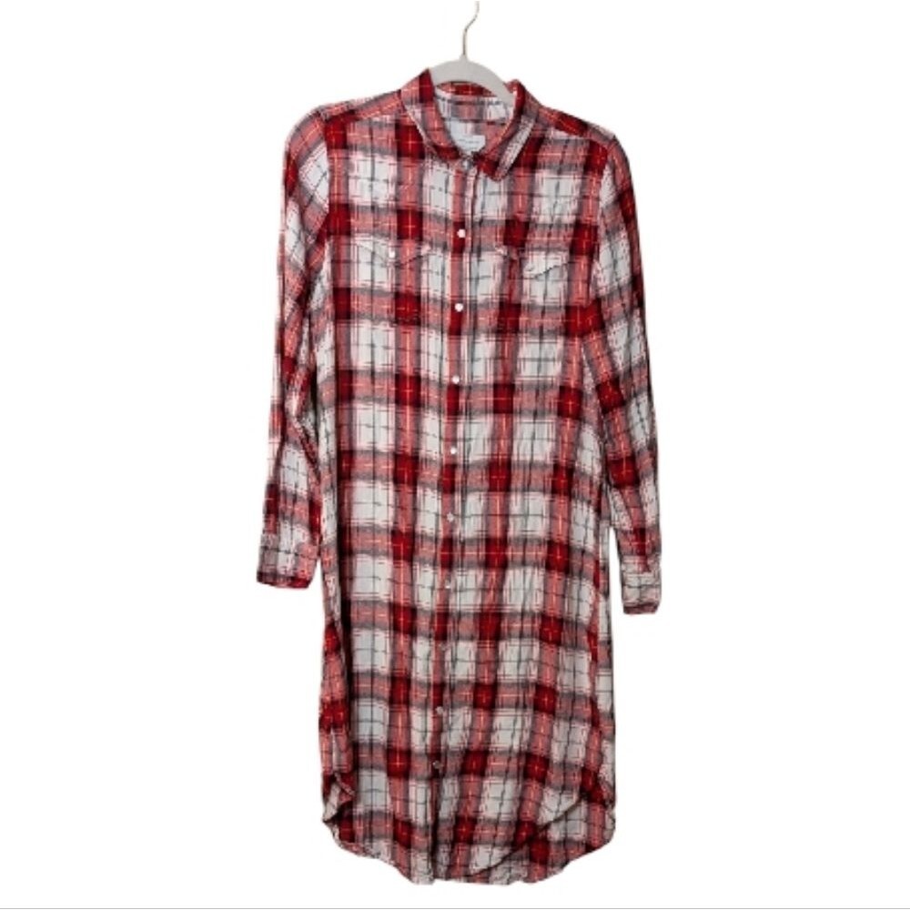 Lucky Brand Western red Plaid Flannel Midi Shirt Dress pearl snap size Medium